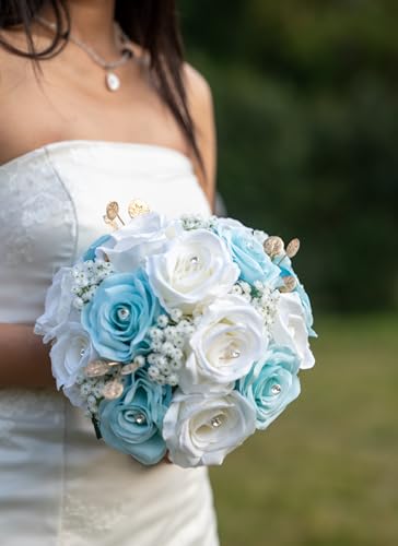 Jiyohai Wedding Bouquets for Bride Bridesmaid Artificial Flowers White Blue Rose Bridal Wedding Tossing Bouquets for Wedding Church Bridal Shower Ceremony Anniversary Home Decor (White + Blue Rose)