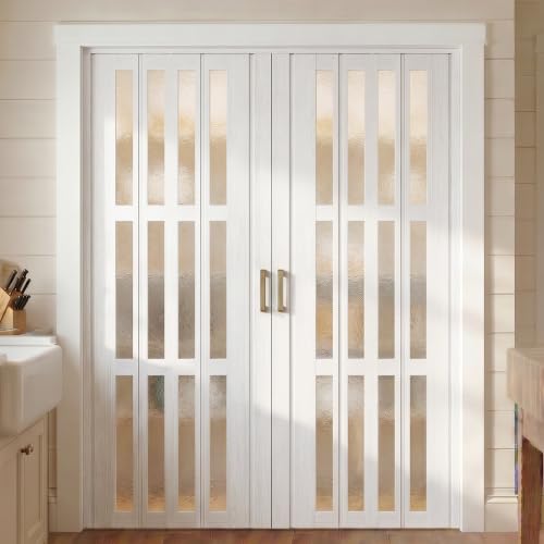 SmartStandard 72" x 80" Double Accordion Doors with Frosted Glass, White
