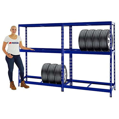 PROREGAL Mega Deal 2X Étagère à pneus Tiger | HxLxP 180x130x50cm | Jusqu'à 24 pneus | avec Tablette | Bleu | Porte-Pneu, Rack à pneus, rayonnage, Stockage, Rangement, Support, Atelier, Garage