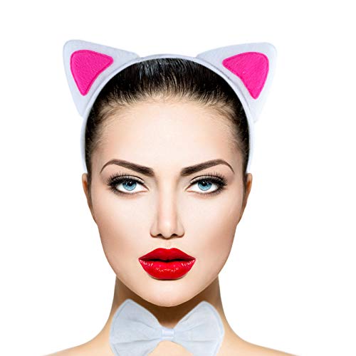 LUX ACCESSORIES Halloween White Pink Cute Fun Kitty Cat Ears Bowtie Tail Cosplay Costume Set (3pcs)
