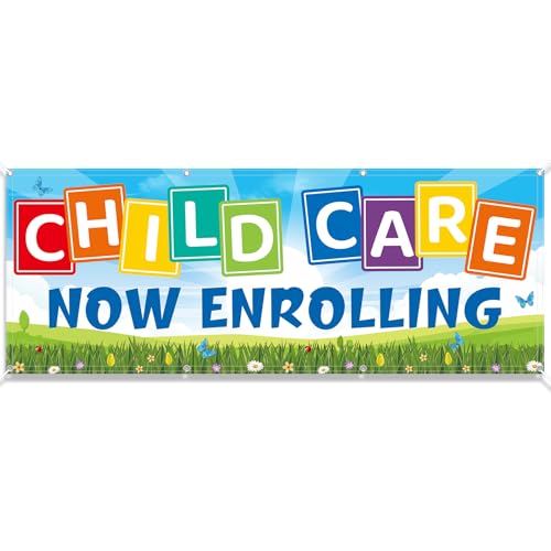 AceOrbit 2 x 6 Feet Childcare Now Enrolling Banner Sign with Grommet Polyester Fabric Weatherproof Childcare Sign for Kindergartens, Early Education Centers, After-school Programs, Daycare Facilities