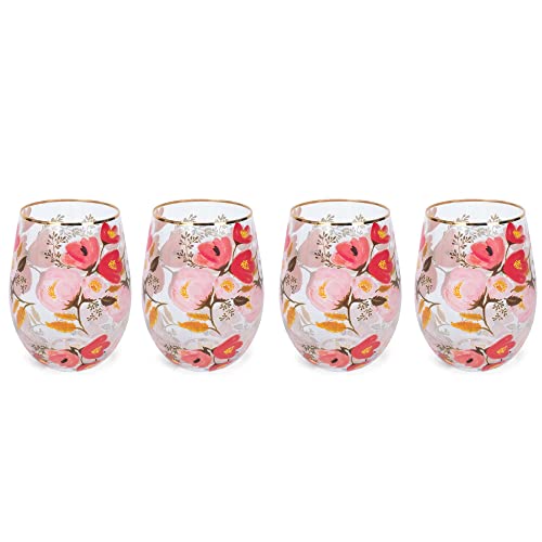 Mary Square Pink Peony Floral 8 Ounce Glass Stemless Wine Tumbler Set Of 4 #TOP1