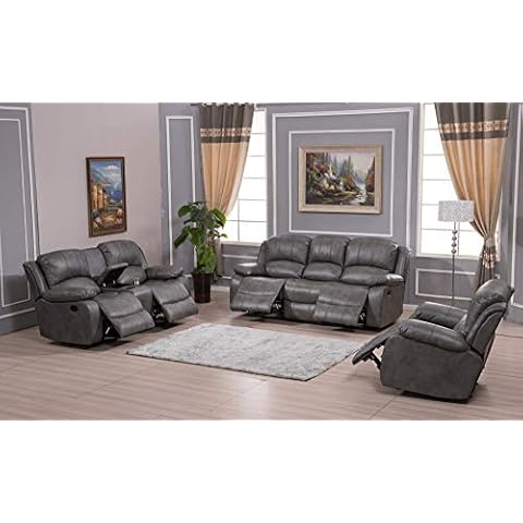 Betsy Furniture 3PC Bonded Leather Reclining Sofa Chair Set Living Room Set Sofa Loveseat Glider Chair 8018 Multiple Colors (Gray) Cover