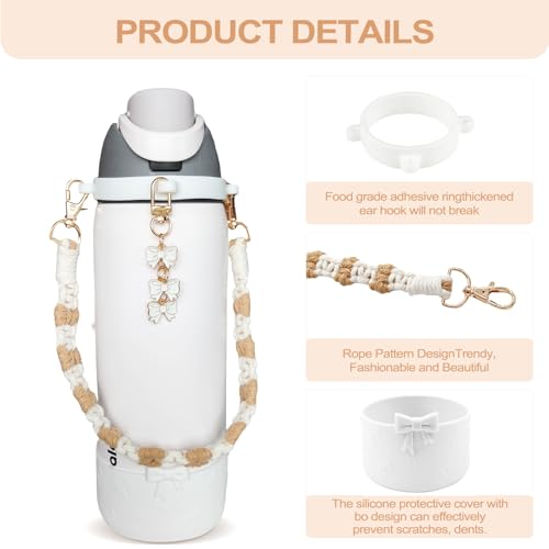 Cup Accessories for Owala Water Bottle 24/32/40oz,Bow Charm、Bow Handle Strap and Water Bottle Boot for Owala Accessories and Stanley Cup Accessories Fits Owala Tumbler, Owala FreeSip (White, 32oz) — view 5
