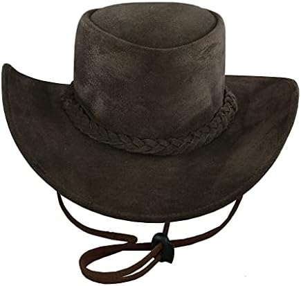Leatherick Cowboyhoeden voor heren - gevlochten westerse Aussie-stijl brede rand vintage outback hoeden met kinkoord, Zwart & Bruin, L