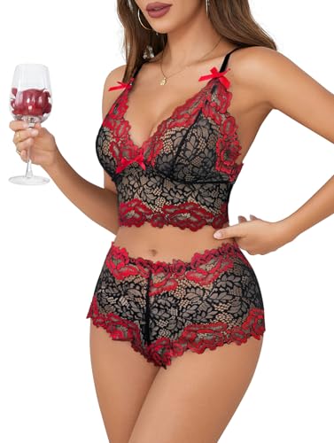 Image of Lilosy Sexy Lingerie for Women Lace Pajamas Set Cami Bra and Panty High Waist Sheer Sleepwear 2 Piece 2XS-6XL