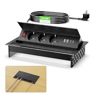 Multiprise Encastrable 2 USB C PD 30W, Aluminium Prise Encastrable Plan de Travail avec Interrupteur, Bloc Prise Escamotable pour Cuisines Bureaux Salle de Réunion, 1.8M Câble, Noir