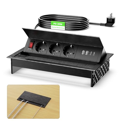 Multiprise Encastrable 2 USB C PD 30W, Aluminium Prise Encastrable Plan de Travail avec Interrupteur, Bloc Prise Escamotable pour Cuisines Bureaux Salle de Réunion,...