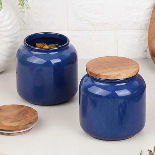 Image of The Earth Store Galaxy Blue Handcrafted Ceramic Jar Set of 2, 550 ML | Wooden Air Tight Lid Jars for Pickles /Achar, Chutney, Sauces, Salt, Candy and Spices | Ceramic Jar for Kitchen, Gifting