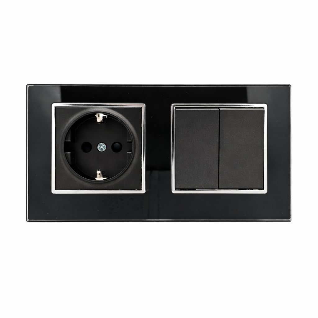 Jandei - Enchufe Schuko 2P+T 16A y Doble Interruptor Conmutador, 230V, Decoración Elegante Pared Interior, Fácil de Instalar, Incluye Marco y Mecanismo, Cristal Templado Color Negro