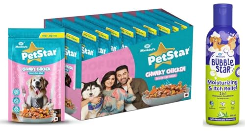 Image of Petstar Adult Wet Dog Food (High Protein) Chunky Chicken Gravy, 120g (Pack of 15) and Mankind BubbleStar Neem & Aloe Vera 2-in-1 Shampoo & Conditioner for Dogs & Cats,200 ml