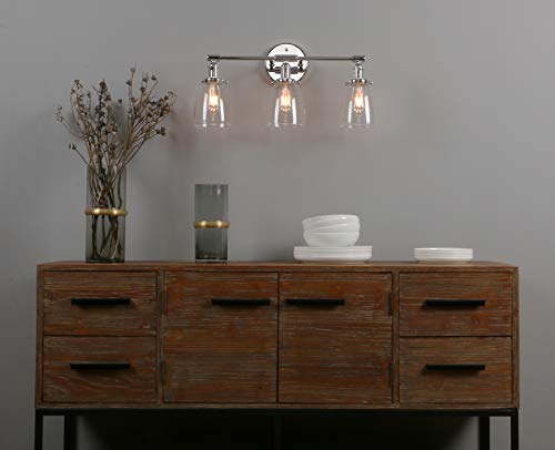 Image of Phansthy 3-Light Wall Sconces Antique Brass Vanity Light, Industrial Wall Lamps with On Off Switch and Clear Glass Lampshade, Vintage Wall Lighting for Bathroom Living Room (Chrome, Bell Shade)