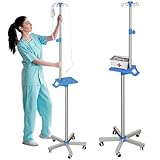 Rolling IV Pole with Tray - Stainless Steel 4 Hooks IV Stand with Wheels Height Adjustable for Clinic Home Care