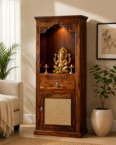 Image of Solid Wood Premium Sheesham Wood Temple Cane Big Size 5 Feet with Door Storage Cabinet | Wooden Mandir for Pooja Room Home | Honey Finish | Mandir for Home Wooden Temple (Cane)