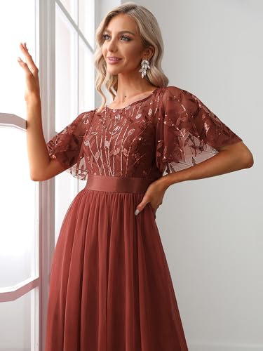 Image of Ever-Pretty Sequin Formal Prom Dresses for Women Ruffle Sleeves Empire Waist A-Line Long Mother of Bride Dress 00904