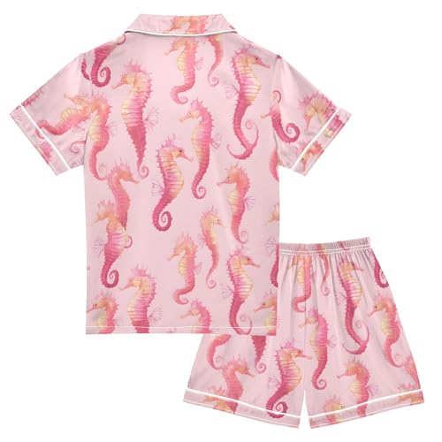 ALAZA Funny Seahorse Cute Satin Pajamas Set Short Sleeve Button Down Sleepwear Summer Pjs 2 Piece2