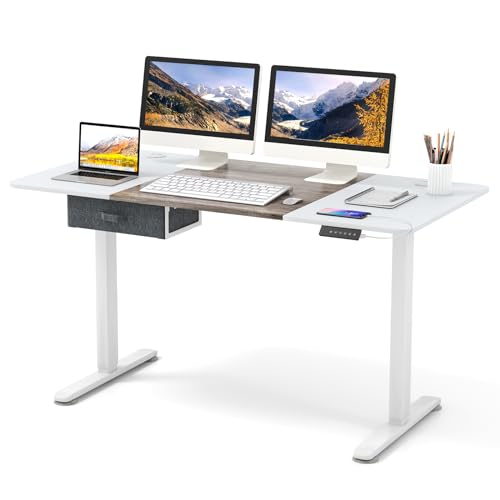 CASART Electric Height Adjustable Standing Desk, 140 x 70cm Ergonomic Sit Stand Desk with Memory Control, USB Charging Port & Drawer, Stand up Computer Workstation for Home Office (Gray+White)