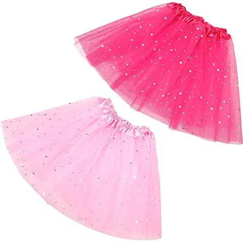 2 Pack Girls Tutu Skirt 3 Layers Sequin Star Ballet Dance Tutu Skirts Kids Birthday Princess Party Favor Dress for Girls 2-8 Years Pink, Rose Red Cover