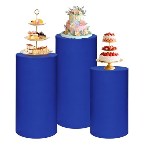 magalo Cylinder Pedestal Stand Covers Set of 3 Spandex Display Pedestal Covers Round Plinth Pillar Cover for Birthday Party Wedding Baby Shower Decor(Royal Blue,Only Covers)