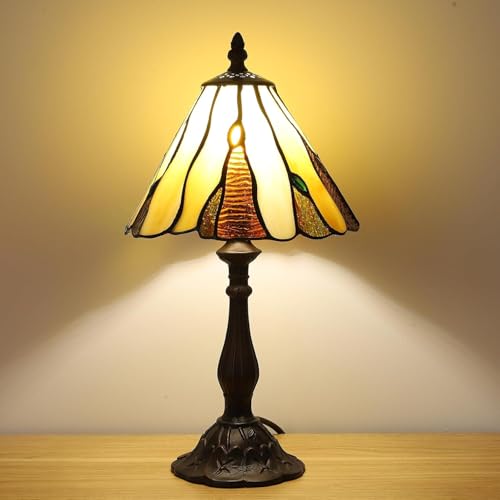 FUMAT Lámpara de mesa Tiffany, pantalla de cristal vintage, lámpara decorativa para mesita de noche, lámpara de mesa de bronce antiguo con casquillo E14