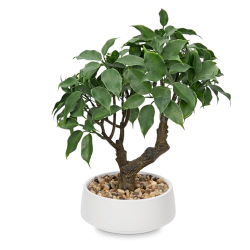 Oairse Artificial Bonsai Tree Small Ficus Bonsai Tree 33cm Indoor Bonsai Tree Fake Potted Plant Decorative Faux Ficus Plant with Ceramic Pot for Home Office Living Room Bathroom Table Shelf Decor