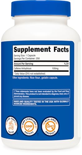 Image of Nutricost Caffeine Pills 100mg Per Serving, 250 Capsules