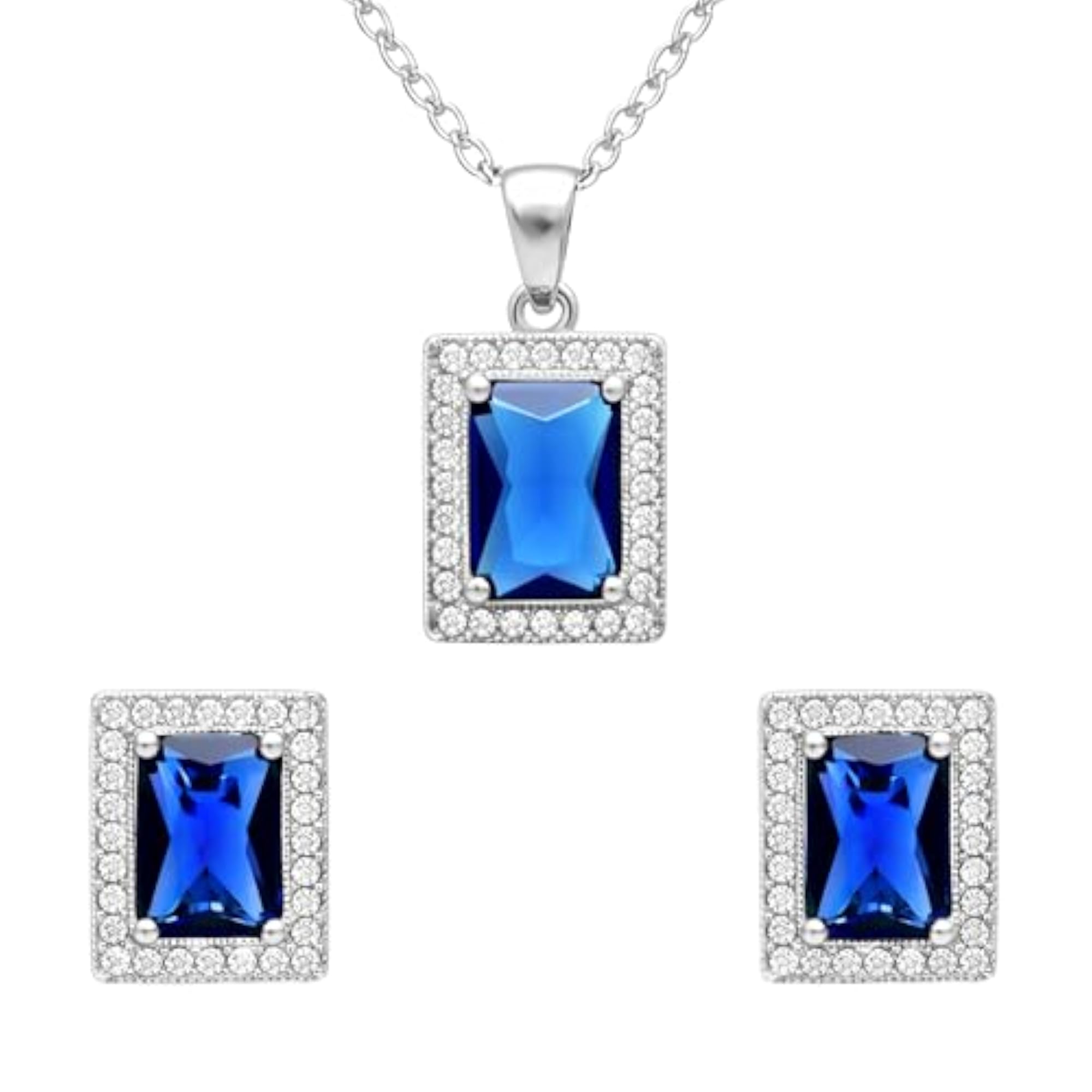 925 Sterling Silver American Blue Emerald Pendant & Earrings Set