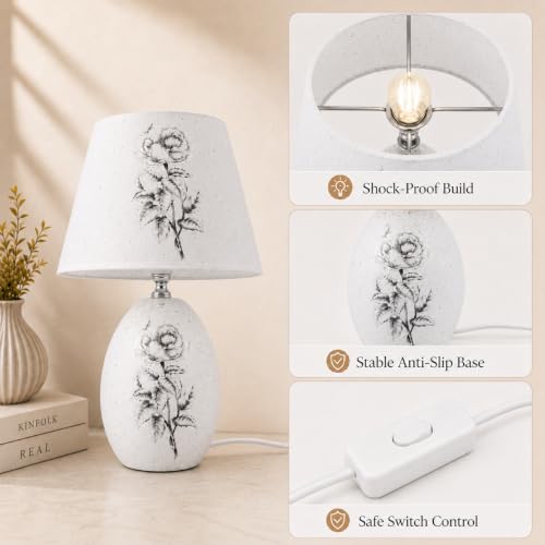 Image of ELARE Ceramic Base Floral Table Lamp with Fabric Shade, Rose Artwork Design, Includes LED Bulb, Inline Switch, Anti-Slip Base - 36cm