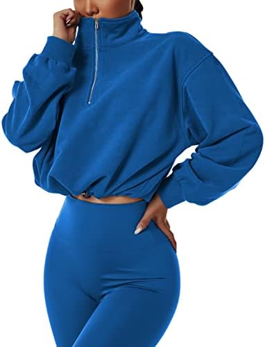 Dqbeng Womens Half Zip Pullover Long Sleeve Sweatshirt Drawstring Loose Workout Athletic Crop Tops Y2k Hoodies(-Blue-S)