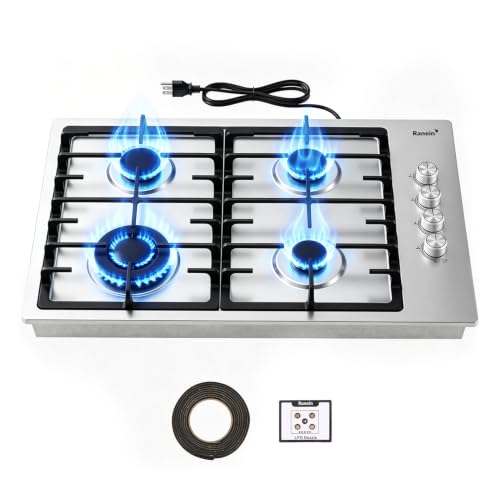 Image of Ranein 30 Inch 4 Burner Gas Cooktop, NG /LPG Convertible Gas Stove Top, 304 Stainless Steel with Thermocouple Flameout Protection for Kitchens, Apartments, RVs