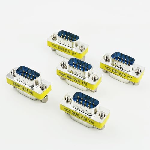RHINORO Pack of 5, DB9 Gender Changer, 9-Pin Male to Male Metal Adapter Coupler, RS232 Port Connector, Silver/Yellow, Serial equipments