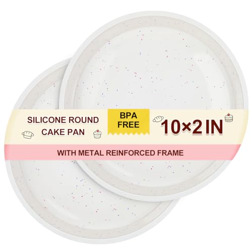 CAKETIME 10 Inch Silicone Round Cake Pan with Metal Reinforced Frame 2 Packs, Non-stick & BPA Free, Even Heat Distribution, Stackable & Dishwasher Safe