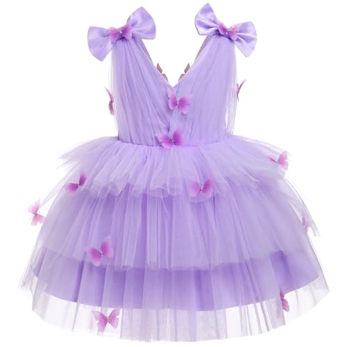 FYMNSI Vestido de fiesta de cumpleaños para niñas, vestido de princesa, vestido de tul con flores, mariposa, vestido festivo, vestido formal de noche, morado claro, 2-3 años