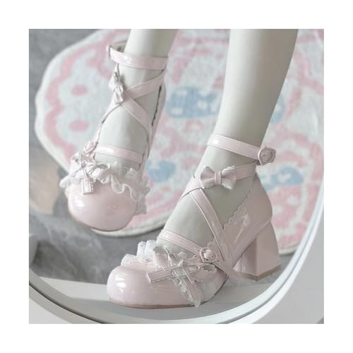 Elegant Chunky Mary Jane Shoes - Sweet Lolita Style with Butterfly Bow | Premium Leather High Heel Cross Straps Pumps2