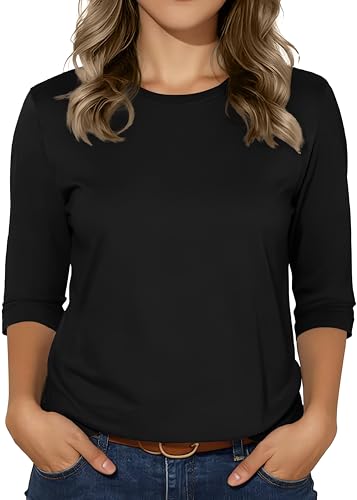 3/4 Sleeve Tops for Women Basic Crew Neck Fall Blouses Casual Fit T Shirts, Black, L