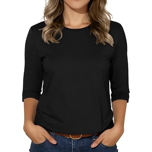 3/4 Sleeve Tops for Women Basic Crew Neck Spring Blouses Casual Fit Fall T Shirts Large A-black