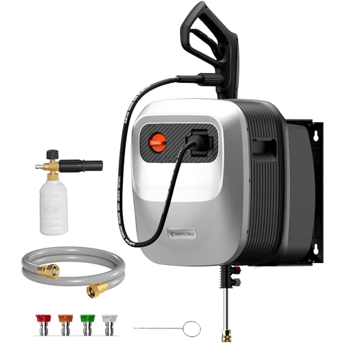 Image of Giraffe Tools Grandfalls Retractable Pressure Washer G20B, 2500 PSI 2.2 GPM, Wall Mounted with 65FT Hose Reel, Black Pressure Hoses, 4 Nozzles for Floor/Cars/Fences/Patios, Light Silver