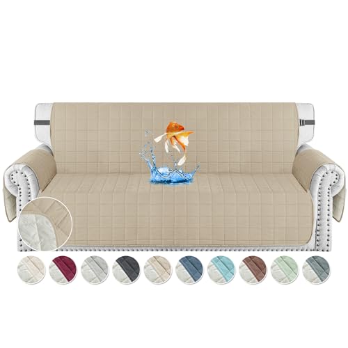 MAXIJIN Waterproof Oversized Couch Covers for 3 Cushion Couch, 79" Quilted Sofa Covers Washable Pet Dog Couch Cover Protector with Elastic Strap & Side Pocket (Large Sofa, Khaki)