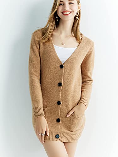 Liny Xin Women's Long Cardigan Sweater V-Neck 100% Merino Wool Fall Winter Warm Soft Knitted Cardigan Coat (Khaki,M) #TOP2