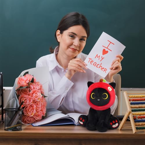 Image of Black Cat Plush - 8inch Cute Stuffed Cat with Red Apple Hood, Creative Fruit Plush Back to School Gifts for Teacher, Kids, Soft Kitten Plushies for Boys Girls, Birthday Gifts