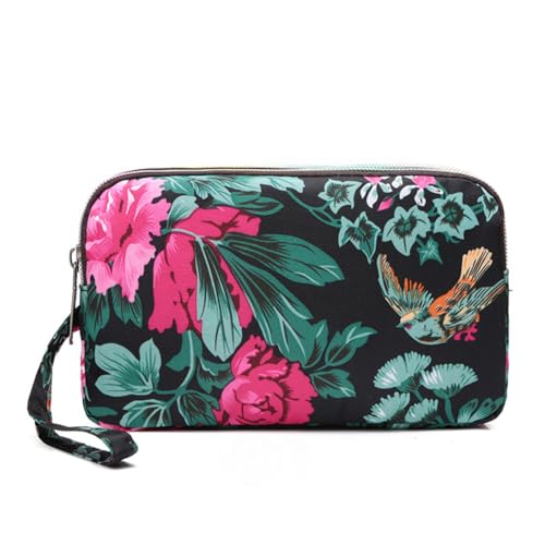 Bolsa clutch feminina, bolsa de mão feminina de nylon de grande capacidade, carteiras de pulso para mulheres, nylon impermeável, 03 Flores e pássaros, Small