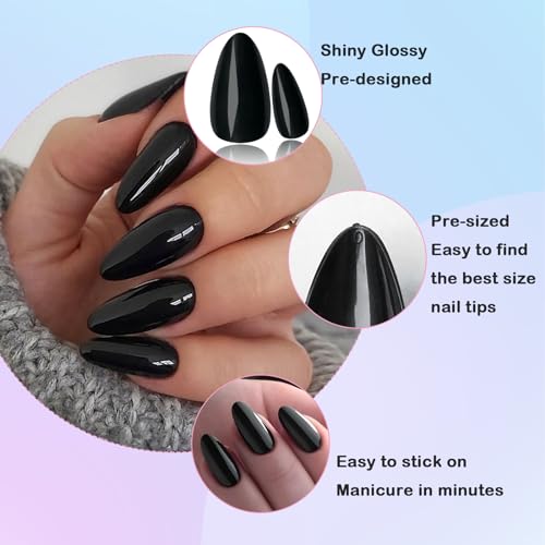 LoveOurHome 240pc Almond Press on Nails Medium Black Fake Nail Tips Full Cover Glue Almond Acrylic Nails Press ons Nail Short Stiletto False Artificial Fingernail & Glue Adhesive Tabs for Women Girls