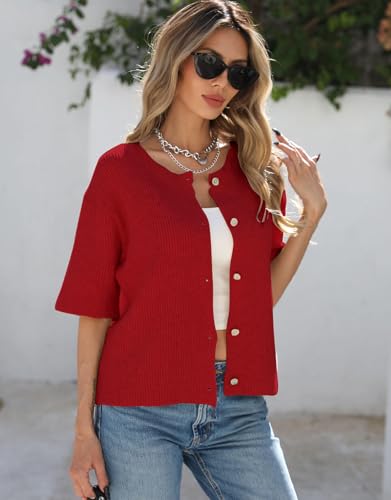 Image of Alsol Lamesa Women's Lightweight Button Up Knitted Cardigan Sweater Solid Color Short Sleeve Cute Cardigan Tops