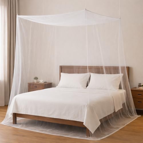 Image of Mosquito Net for Double Bed (6x6.5 ft) - Premium Square Design Polyester Machardani | Hanging Bed Netting for Home & Travel | Durable Insect, Fly & Bug Protection Screen (White)