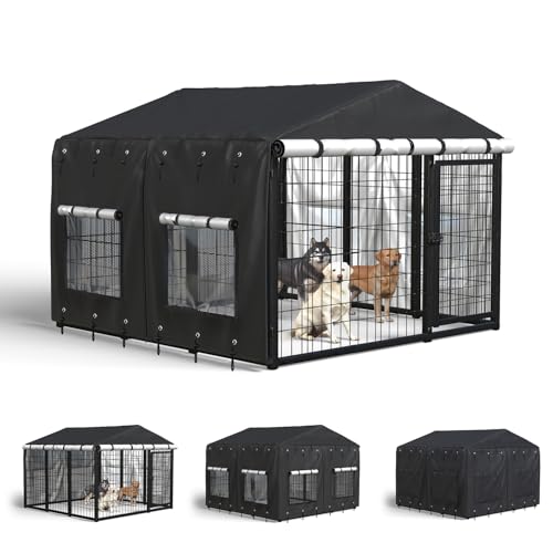 ciclvx Outdoor Dog Kennel Cover for 10Dx10Wx7H with Grids and Transparent Window, 600D Full Coverage & Silver-Coated Interior Waterproof Dog Crate Cover for Large Dog Cage Outdoor (Cover Only)