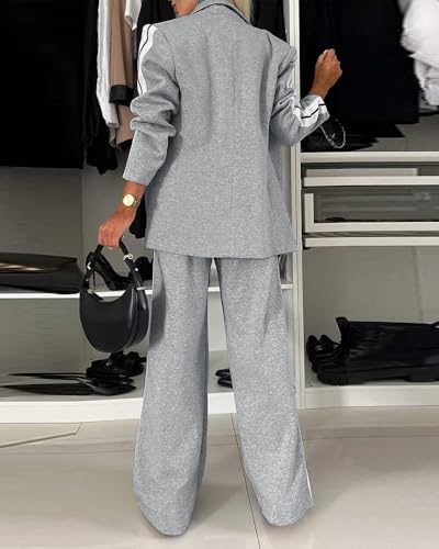 CHICME Womens Suit Sets Striped Side Sporty Tape Button Blazer Pants with Pockets Business Casual Pants Set, Light Gray, S