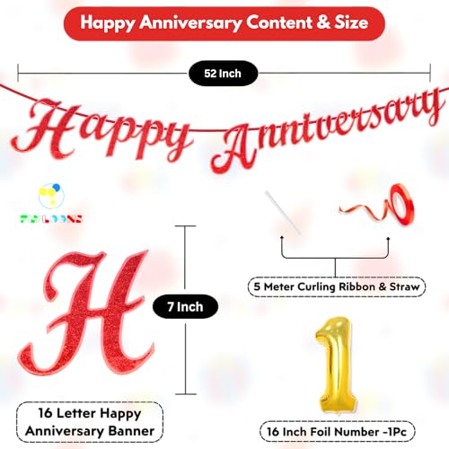 Image of Flyloons 1st Happy Anniversary Banner Red Decorations Kit for Men Women Wedding Anniversary Banner Items without Balloons