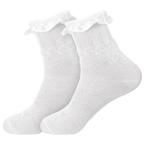 Yuomeaz Rüschen Socken Weiß 1 Paar, Socken Rüschen, Rüschensocken Lacs Kurze Trachtenstrümpfe Damen, Komfort Süße Crew Söckchen für Damen und...