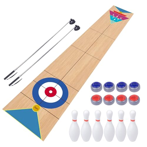 WodGod 11.8’L Shuffleboard, Curling and Bowling 3 in 1 Board Game Set,with 11.8 Foot Game Mat,2 Cues,8 Curling Rocks,6 Bowling Pins,Fun Family Game by WodGod - Used condition - US$47.51