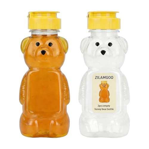 ZILAMGOO 2 Pcs 8Oz Plastic Bear Honey Bottle Cup with Yellow Flip Top Lid Bear Shaped Jar Honey Squeeze Bottle Empty for Storing and Dispensing (8 oz/ 2pcs)